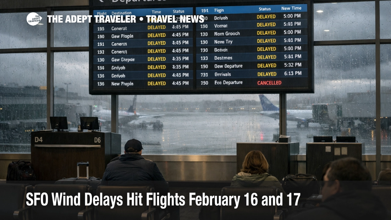 SFO wind delays flights as a departures board shows multi hour inbound holds during a Bay Area storm at San Francisco airport