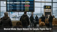 WestJet winter storm waiver as travelers watch delays on a Calgary International Airport departures board