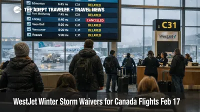 WestJet winter storm waiver as travelers watch delays on a Calgary International Airport departures board