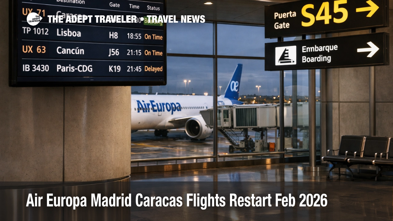 Air Europa Madrid Caracas flights restart, a Madrid departures board shows the Caracas boarding call at the gate
