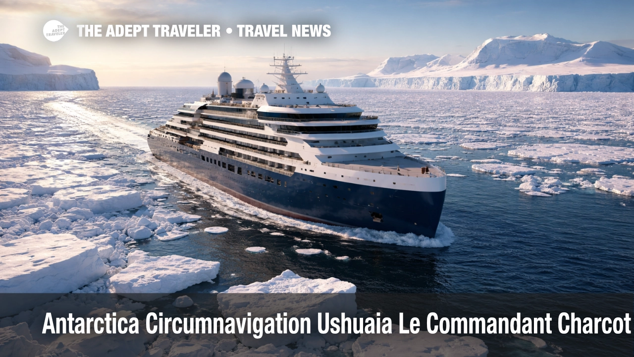 Antarctica circumnavigation Le Commandant Charcot booking opens for a long Ushuaia sailing, icebreaker underway in pack ice