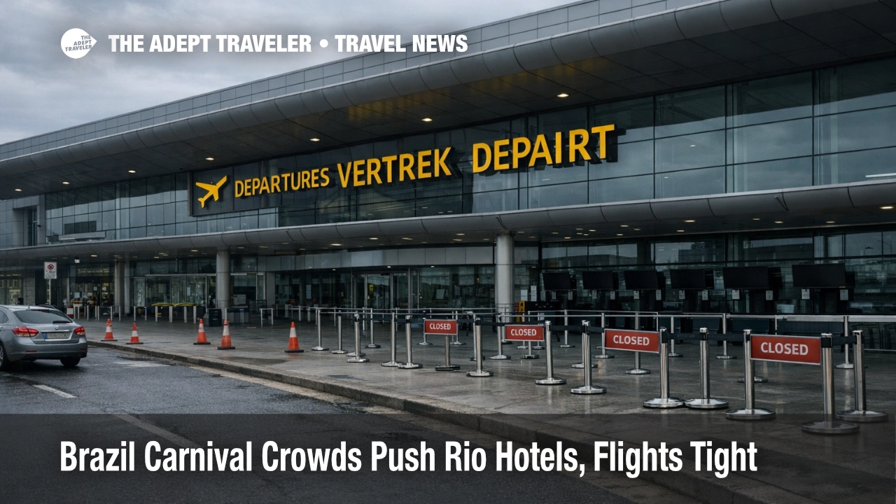 Brazil Carnival crowds Rio hotels, a packed Rio street with barriers shows why transfers and bookings are tight