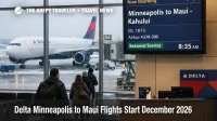 Delta Minneapolis Maui flights shown on a gate board at MSP as an A330 boards for the new seasonal nonstop route