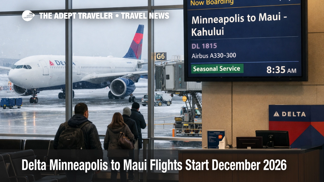 Delta Minneapolis Maui flights shown on a gate board at MSP as an A330 boards for the new seasonal nonstop route