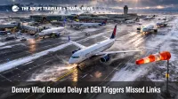 View of Denver wind ground delay at DEN, with aircraft held on the ramp under gusty winter skies