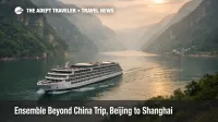 Ensemble Beyond China trip includes a Yangtze river cruise, shown by a ship underway in the Three Gorges near Chongqing