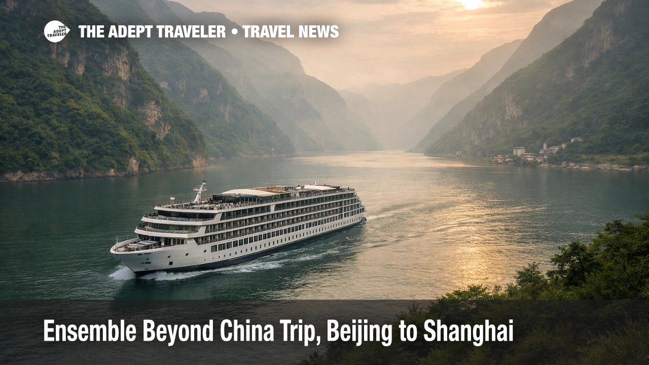 Ensemble Beyond China trip includes a Yangtze river cruise, shown by a ship underway in the Three Gorges near Chongqing