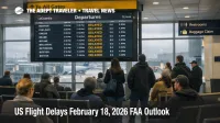 US flight delays February 18 as travelers watch delayed flights on a departures board inside LaGuardia Airport