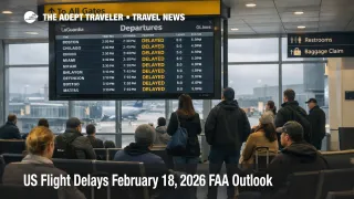 US flight delays February 18 as travelers watch delayed flights on a departures board inside LaGuardia Airport