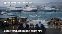 Strong winds at Piraeus show Greece ferry sailing bans Athens, with moored ferries and stranded travelers