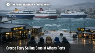 Strong winds at Piraeus show Greece ferry sailing bans Athens, with moored ferries and stranded travelers