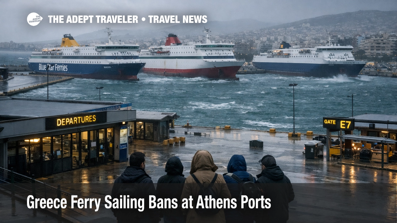 Strong winds at Piraeus show Greece ferry sailing bans Athens, with moored ferries and stranded travelers