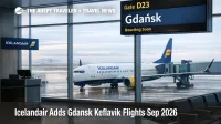 Traveler views Icelandair Gdansk Keflavik flights at a KEF gate, signaling new Poland service and connections