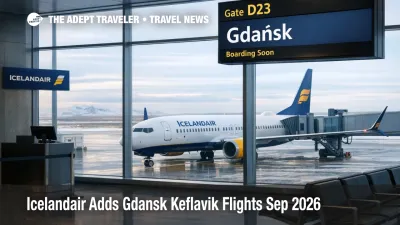  Traveler views Icelandair Gdansk Keflavik flights at a KEF gate, signaling new Poland service and connections