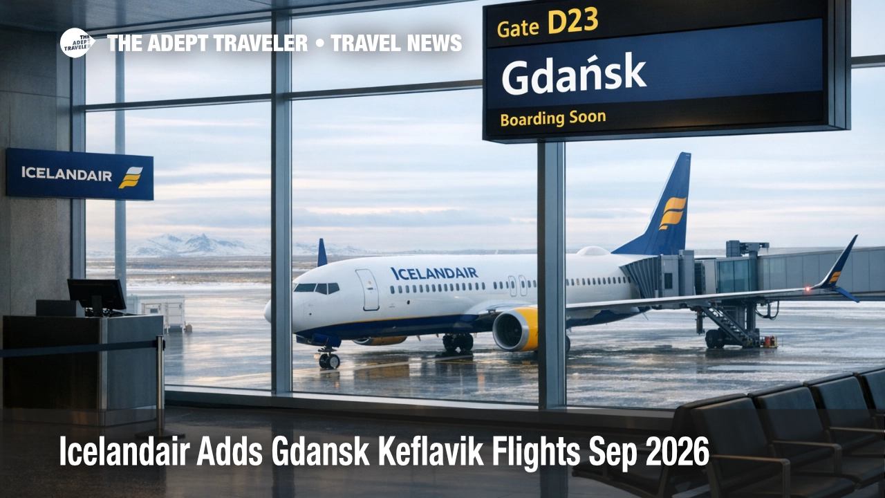 Traveler views Icelandair Gdansk Keflavik flights at a KEF gate, signaling new Poland service and connections