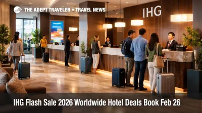  IHG 2026 flash sale hotels, travelers check in at a lobby as limited time 25% member discounts apply