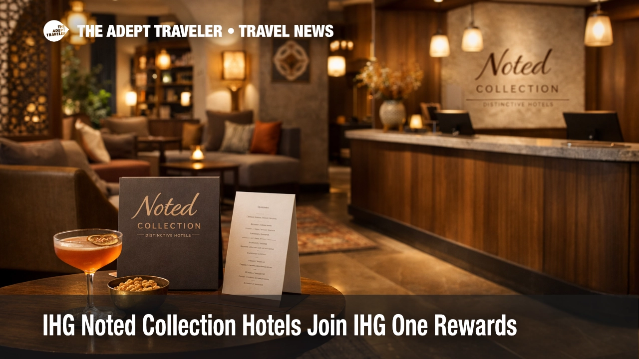 Noted Collection IHG branding appears in an upscale hotel lobby, signaling more independent stays joining IHG One Rewards