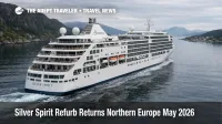 Silver Spirit refurbishment May 2026, upgraded ship cruises Northern Europe, underway off Norway after makeover