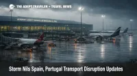 Storm Nils Spain Portugal transport disruption, wet ramp at Barcelona El Prat as cancellations strand travelers