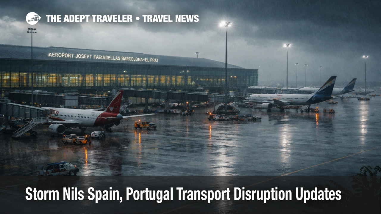 Storm Nils Spain Portugal transport disruption, wet ramp at Barcelona El Prat as cancellations strand travelers