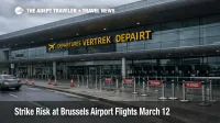 Brussels Airport March 12 strike departures risk mass flight cancellations, shown by a quiet departures curb and closed lanes