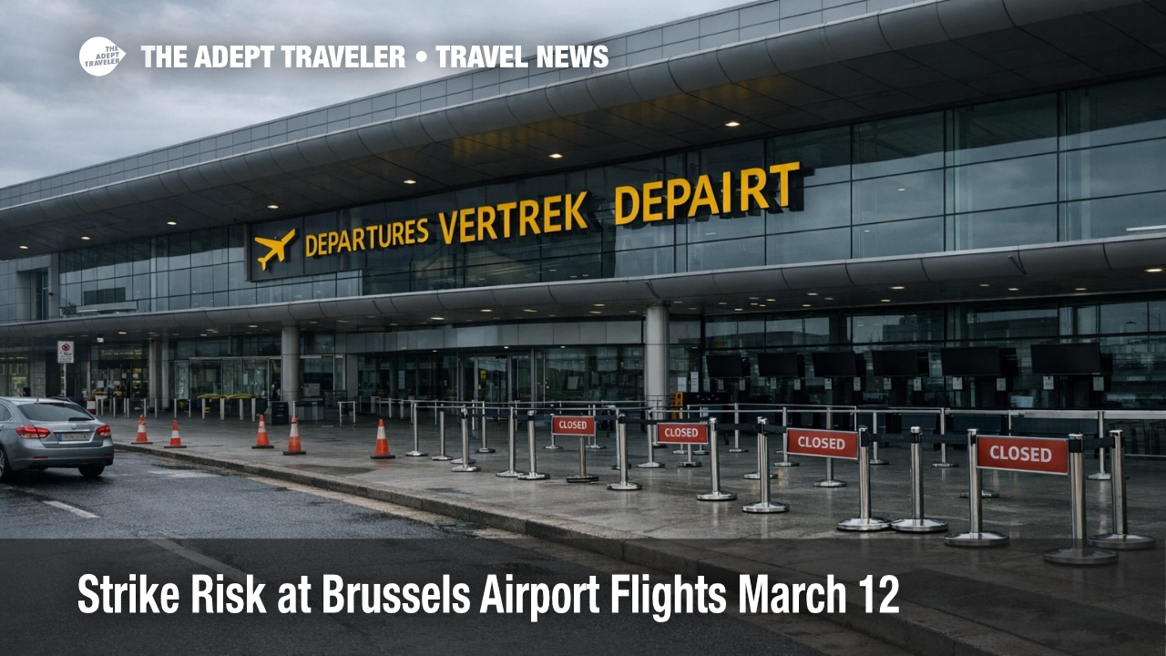 Brussels Airport March 12 strike departures risk mass flight cancellations, shown by a quiet departures curb and closed lanes