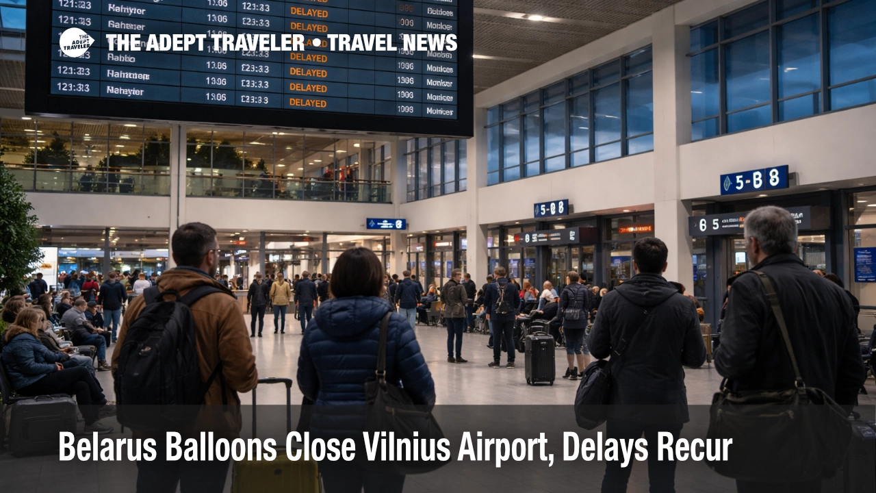 Vilnius Airport balloon closures shown by delays on the departures board as travelers brace for short notice stops
