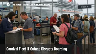 Carnival fleet IT outage shows long terminal lines and backup payment prep as boarding slows for cruise passengers