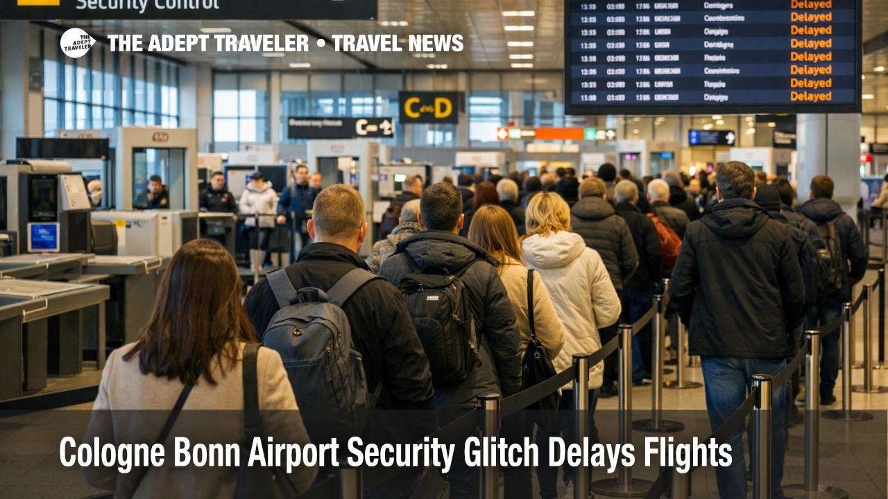 Cologne Bonn airport security glitch shows long screening queues and delayed departures inside CGN terminal