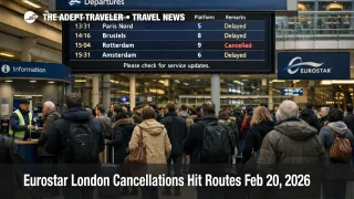 Eurostar London cancellations Feb 20 shown on St Pancras departures board as travelers rebook and wait