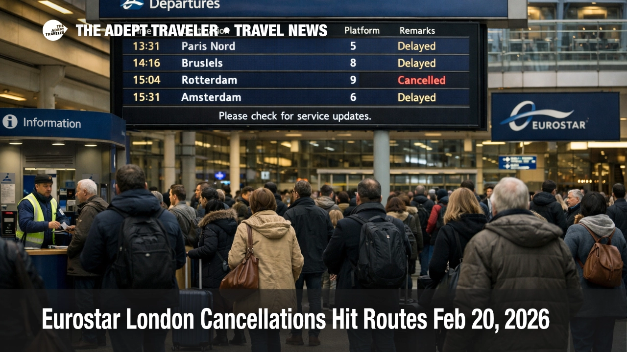 Eurostar London cancellations Feb 20 shown on St Pancras departures board as travelers rebook and wait