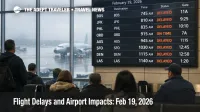 US flight delays February 19, 2026 shown on an airport departures board during low cloud disruptions in the Northeast