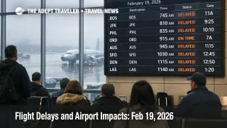 US flight delays February 19, 2026 shown on an airport departures board during low cloud disruptions in the Northeast