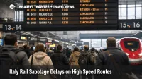 Italy rail sabotage delays shown by Roma Termini board with high speed cancellations and travelers rerouting