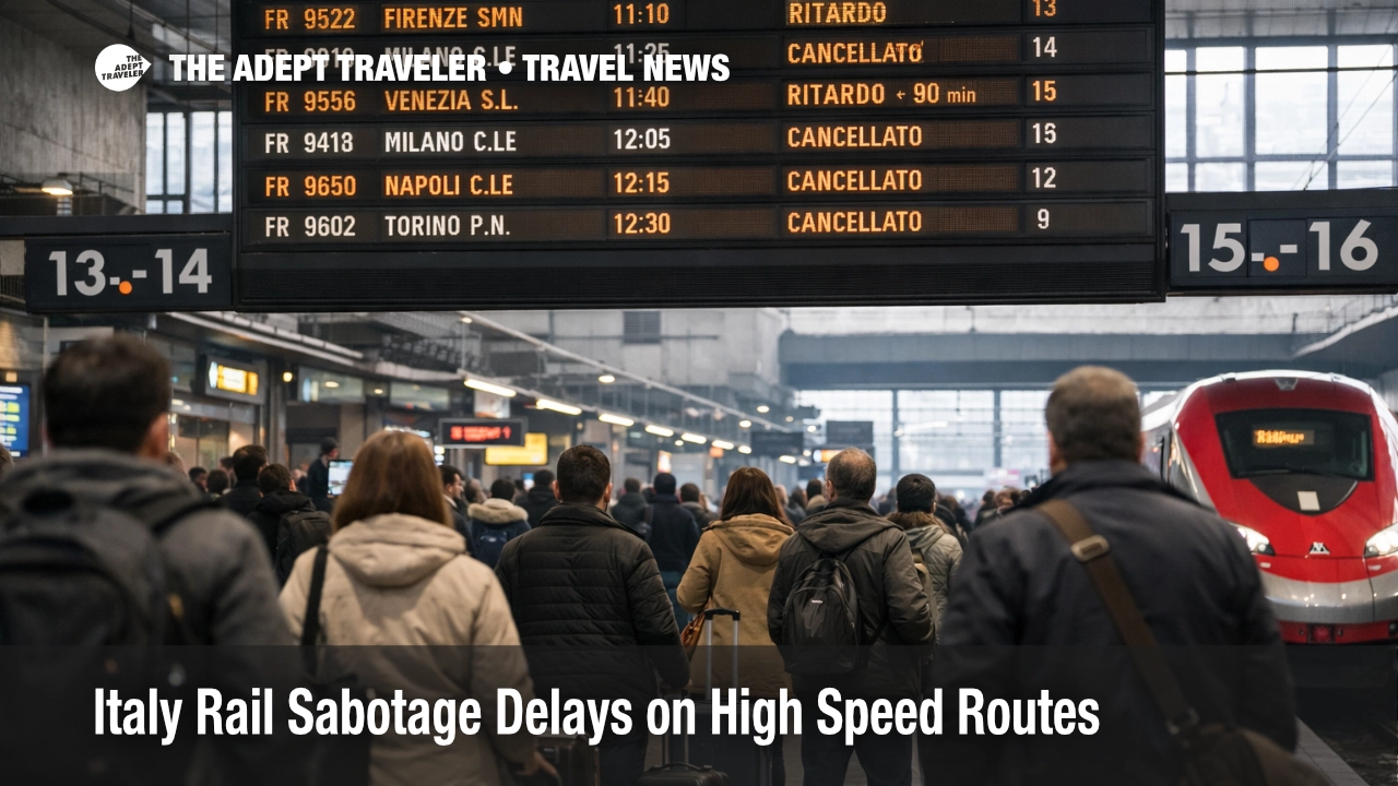 Italy rail sabotage delays shown by Roma Termini board with high speed cancellations and travelers rerouting