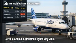 JetBlue JFK Houston flights shown on a JFK gate departures board as a JetBlue jet boards for Houston IAH