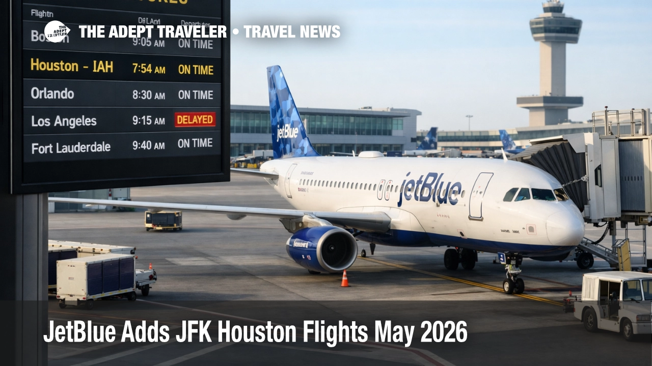 JetBlue JFK Houston flights shown on a JFK gate departures board as a JetBlue jet boards for Houston IAH