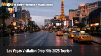 Las Vegas visitation drop shown on a quieter Strip at dusk, with lighter crowds and reduced curbside traffic