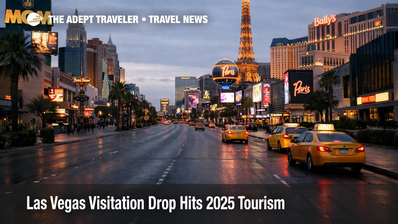 Las Vegas visitation drop shown on a quieter Strip at dusk, with lighter crowds and reduced curbside traffic