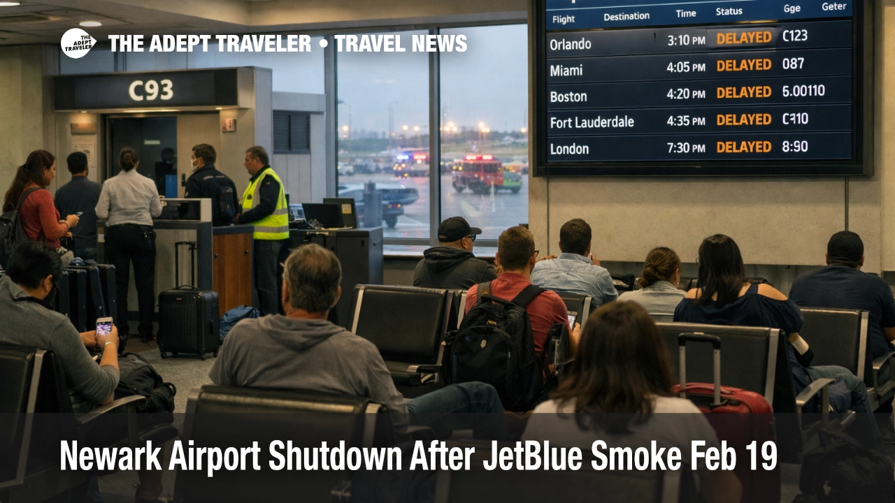 Newark airport shutdown scene shows delayed departures board at EWR after JetBlue Flight 543 smoke evacuation