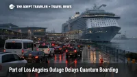 Port of Los Angeles outage delays Quantum boarding as traffic queues outside the San Pedro cruise terminal in stormy weather