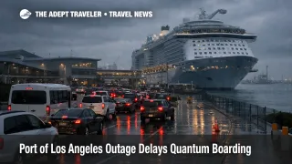 Port of Los Angeles outage delays Quantum boarding as traffic queues outside the San Pedro cruise terminal in stormy weather