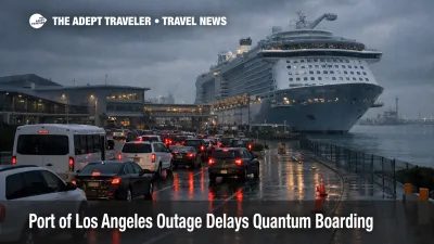 Port of Los Angeles outage delays Quantum boarding as traffic queues outside the San Pedro cruise terminal in stormy weather