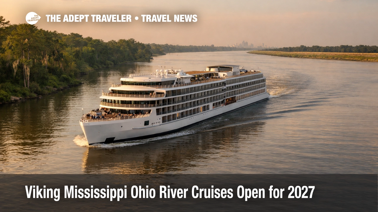 Viking Mississippi Ohio River cruises open for 2027, a modern river ship sails the Mississippi near New Orleans