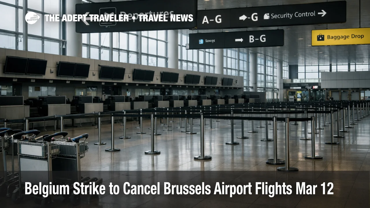 Belgium strike Brussels Airport flights March 12, closed departure counters signal likely cancellations and reroutes