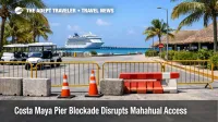 Costa Maya pier blockade scene showing barricaded port access in Mahahual, signaling shore excursion delays and unreliable taxi flow