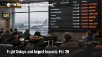 Flight delays Feb 20 show on JFK departures board as low ceilings and rain squeeze Northeast hub connections