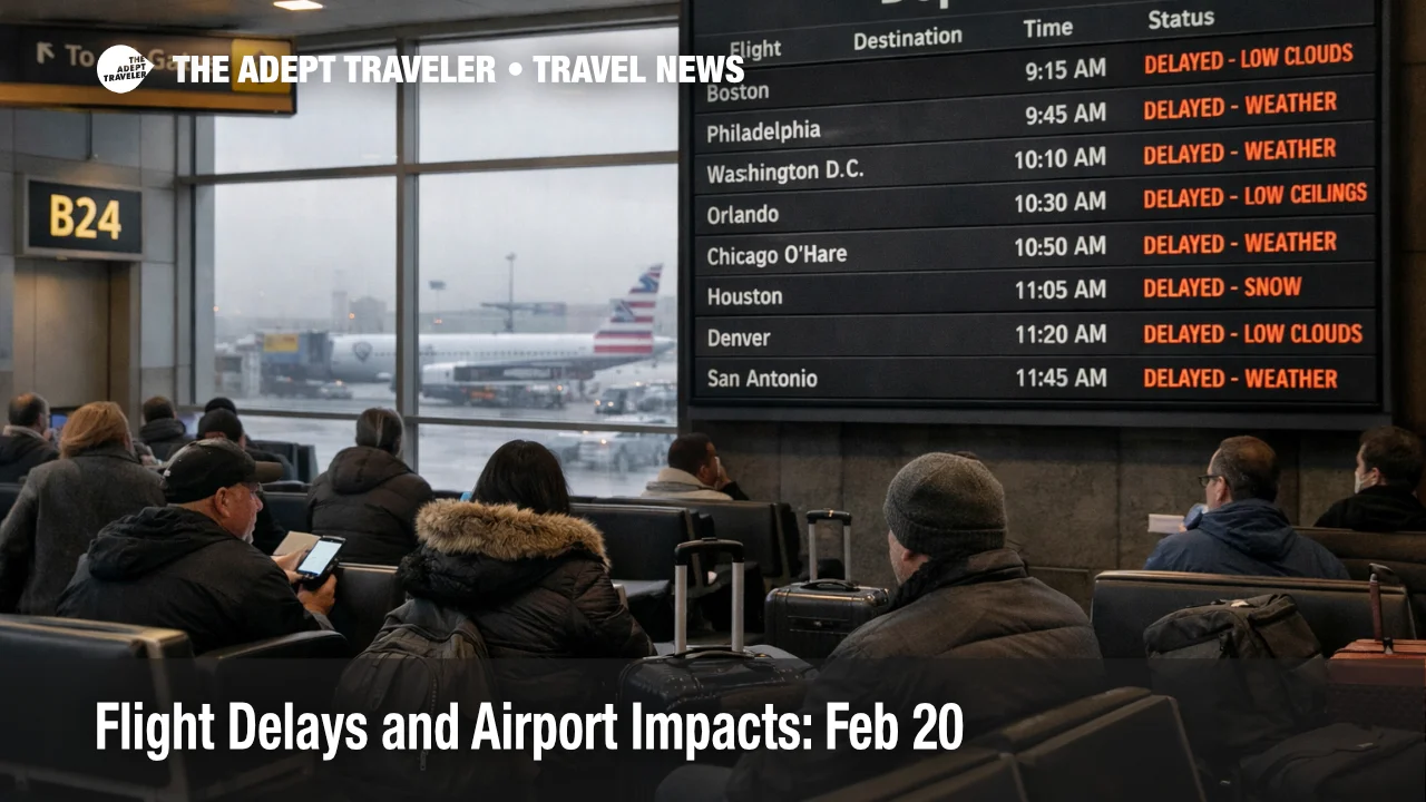 Flight delays Feb 20 show on JFK departures board as low ceilings and rain squeeze Northeast hub connections