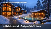 Galdu Hotel Saariselkä opening, forest spa hotel glow in winter with outdoor hot pool near Urho Kekkonen park