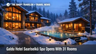 Galdu Hotel Saariselkä opening, forest spa hotel glow in winter with outdoor hot pool near Urho Kekkonen park